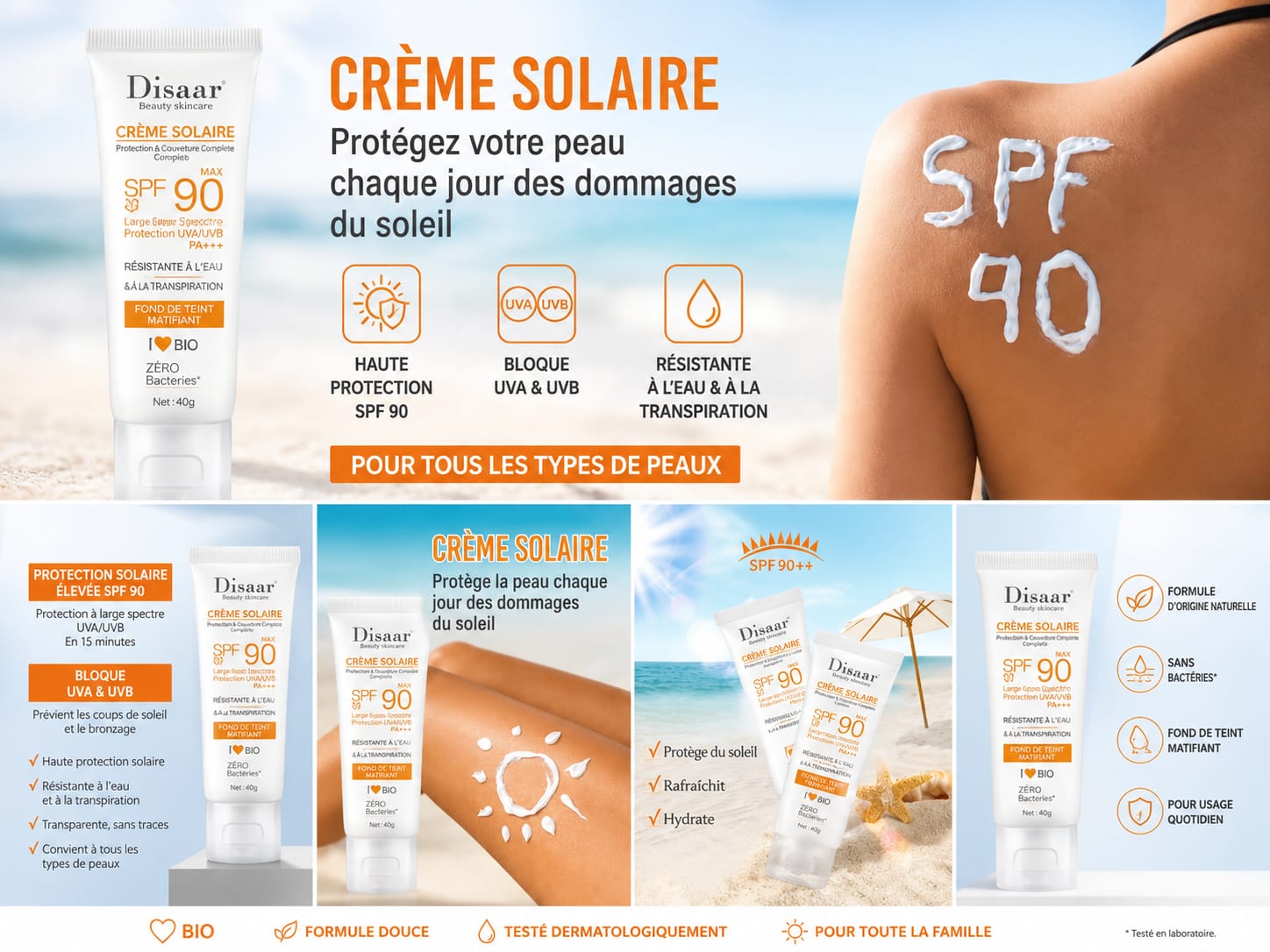 Crème solaire tres haute protection 90+