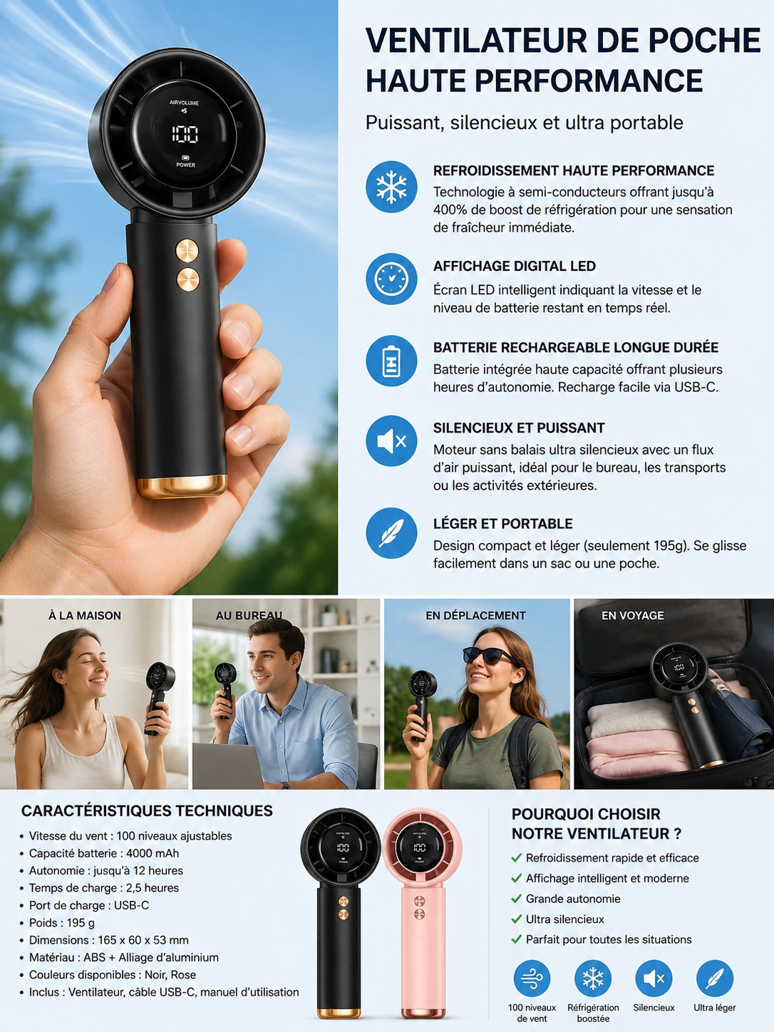 Ventilateur de poche haute performance batterie usb